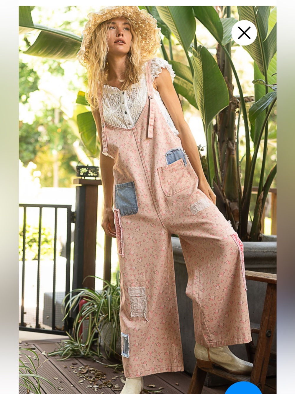 POL Pink Floral Wide-Leg Patch Pocket Overalls